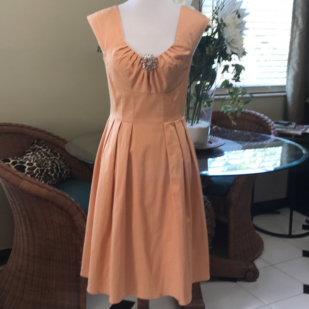 Calvin Klein Peach Sleeveless A-Line Dress with Brooch